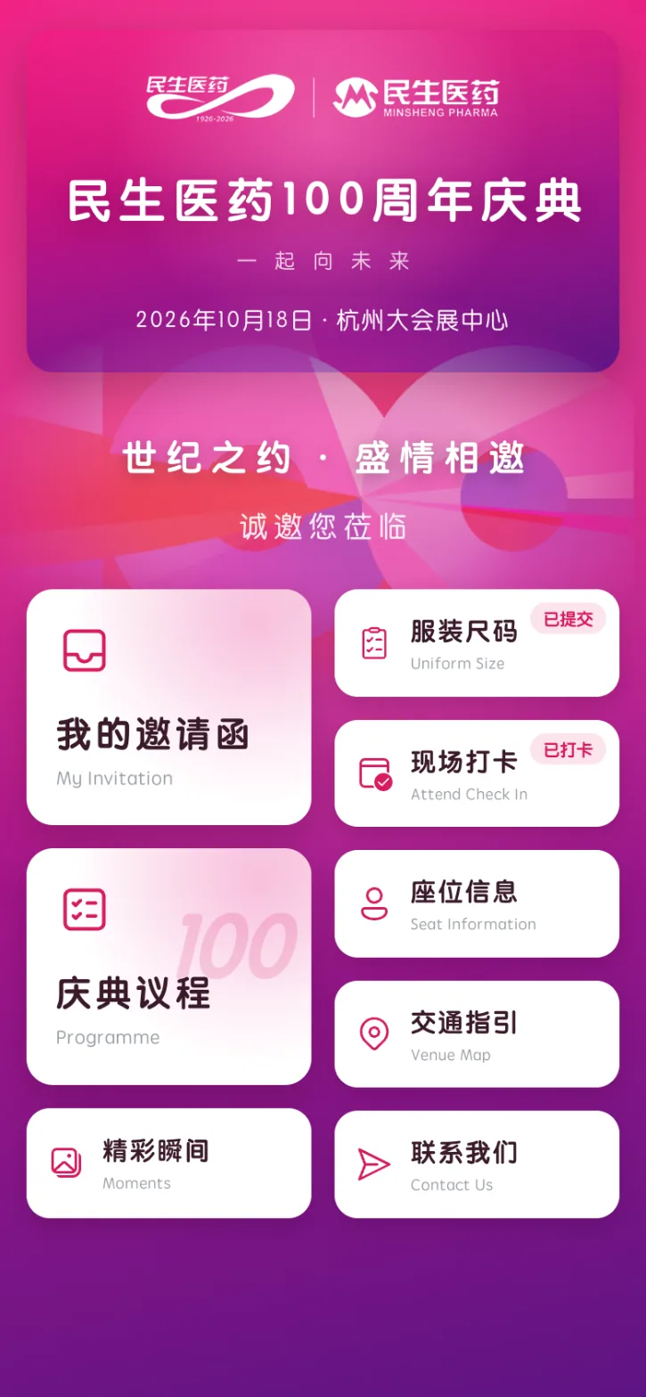 员工端首页：邀请函、议程、服装尺码、现场打卡、座位信息、交通指引